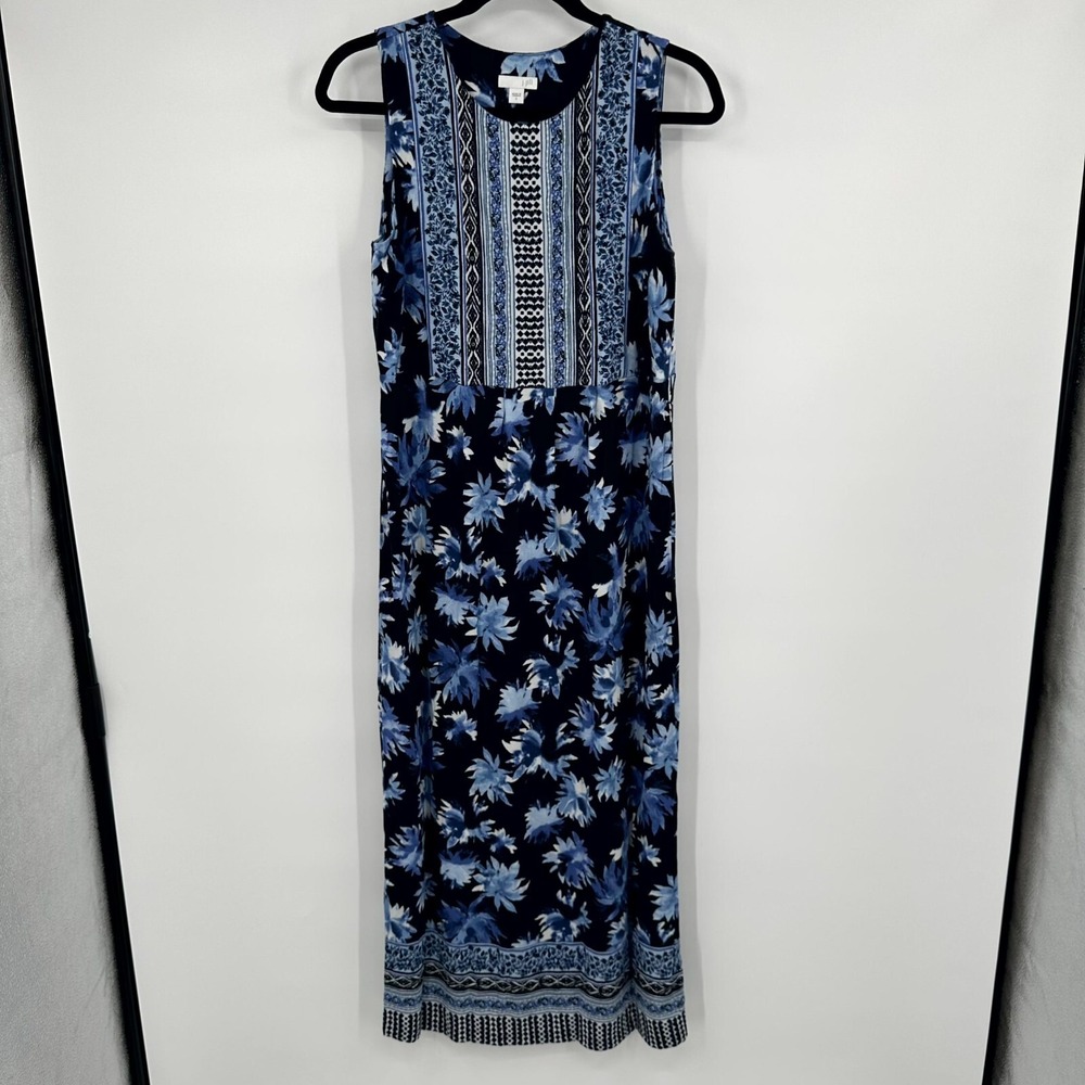 J. Jill Maxi Dress Womens S Blue Black Floral Print Sleeveless Pleated Side Slit - Picture 2 of 10
